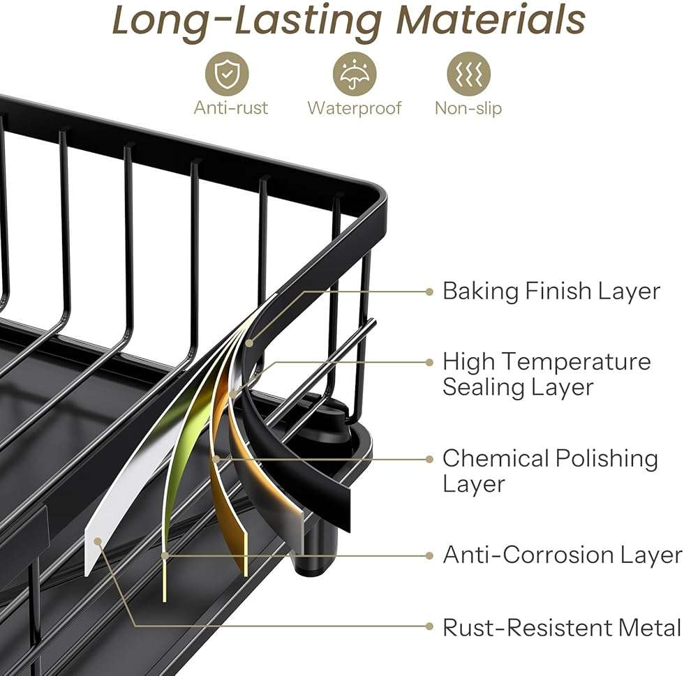 SNTD Dish Drying Rack - Space-Saving Dish Rack for Kitchen Counter, Stainless Steel Dish Drainer with Utensil Holder and Drainboard, 11" W x 15" L (Black) - Image 5