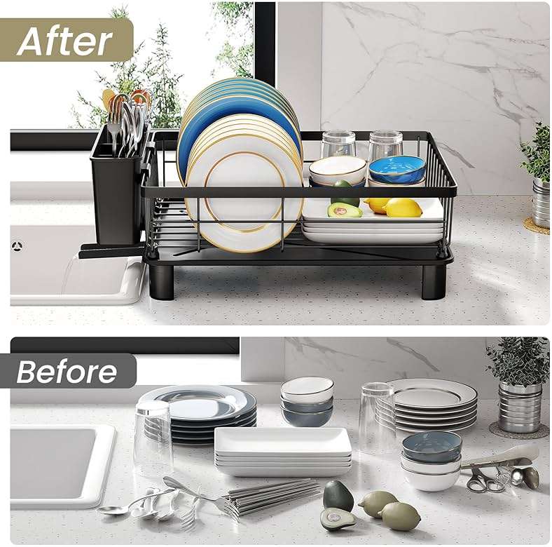 SNTD Dish Drying Rack - Space-Saving Dish Rack for Kitchen Counter, Stainless Steel Dish Drainer with Utensil Holder and Drainboard, 11" W x 15" L (Black) - Image 6