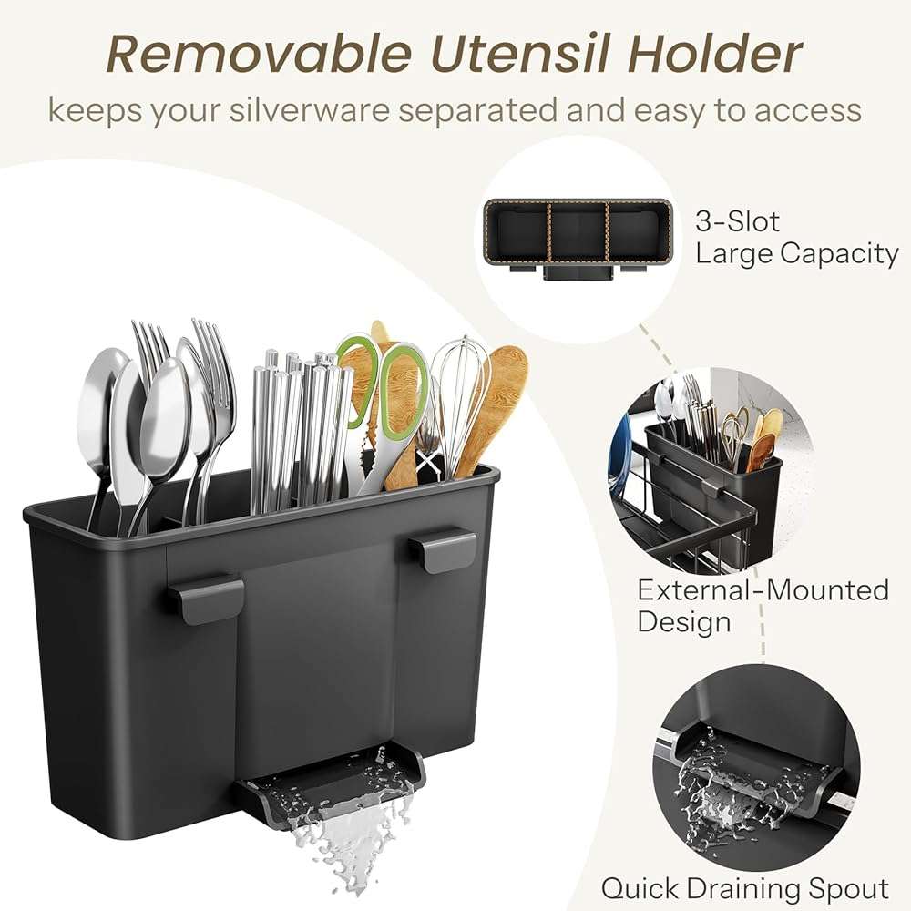 SNTD Dish Drying Rack - Space-Saving Dish Rack for Kitchen Counter, Stainless Steel Dish Drainer with Utensil Holder and Drainboard, 11" W x 15" L (Black) - Image 9