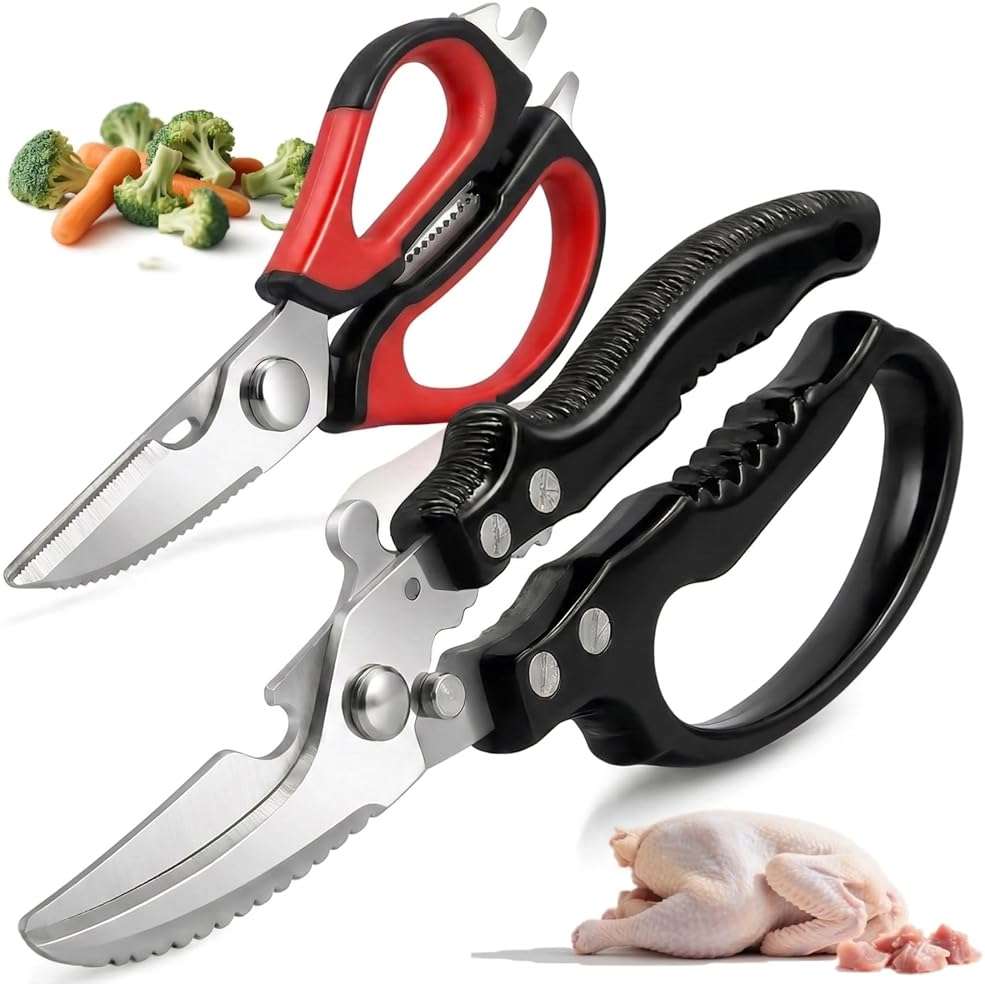 Flioriel 2-Pack Heavy Duty Kitchen Shears - Ultra Sharp All Purpose Food Scissors for Cutting Chicken Bones, Meat & Vegetables, Multi-Function Stainless Steel Cooking Shears (Black & Red) - Image 1