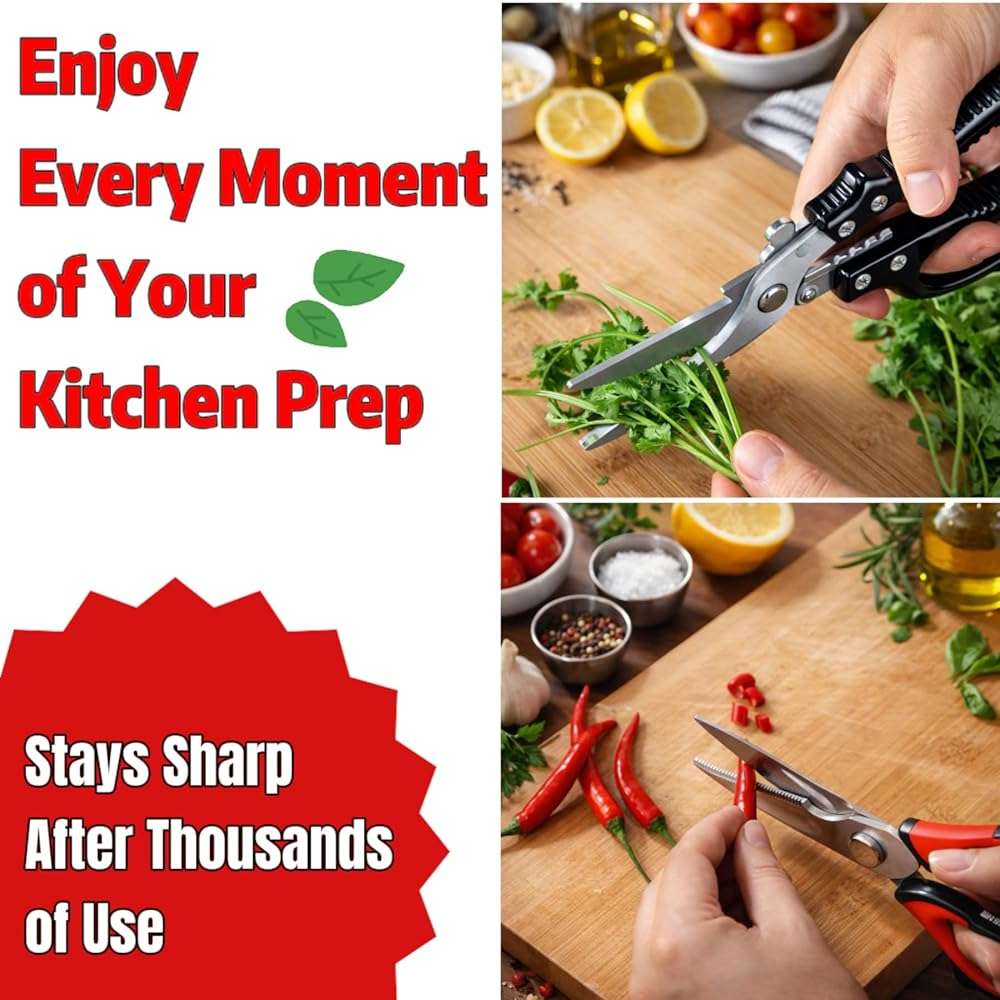 Flioriel 2-Pack Heavy Duty Kitchen Shears - Ultra Sharp All Purpose Food Scissors for Cutting Chicken Bones, Meat & Vegetables, Multi-Function Stainless Steel Cooking Shears (Black & Red) - Image 5