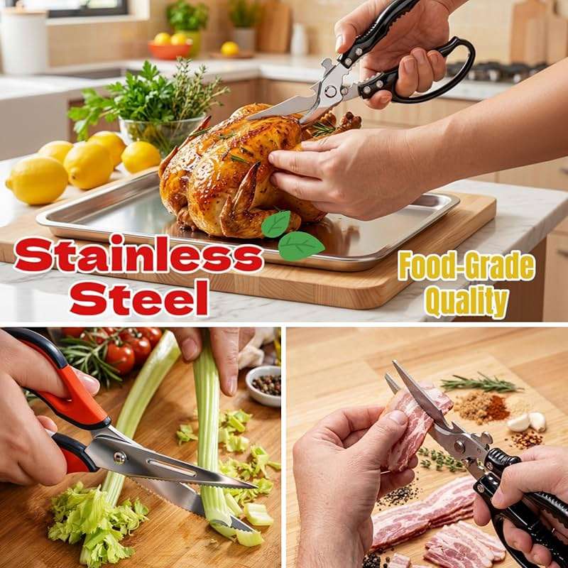 Flioriel 2-Pack Heavy Duty Kitchen Shears - Ultra Sharp All Purpose Food Scissors for Cutting Chicken Bones, Meat & Vegetables, Multi-Function Stainless Steel Cooking Shears (Black & Red) - Image 6