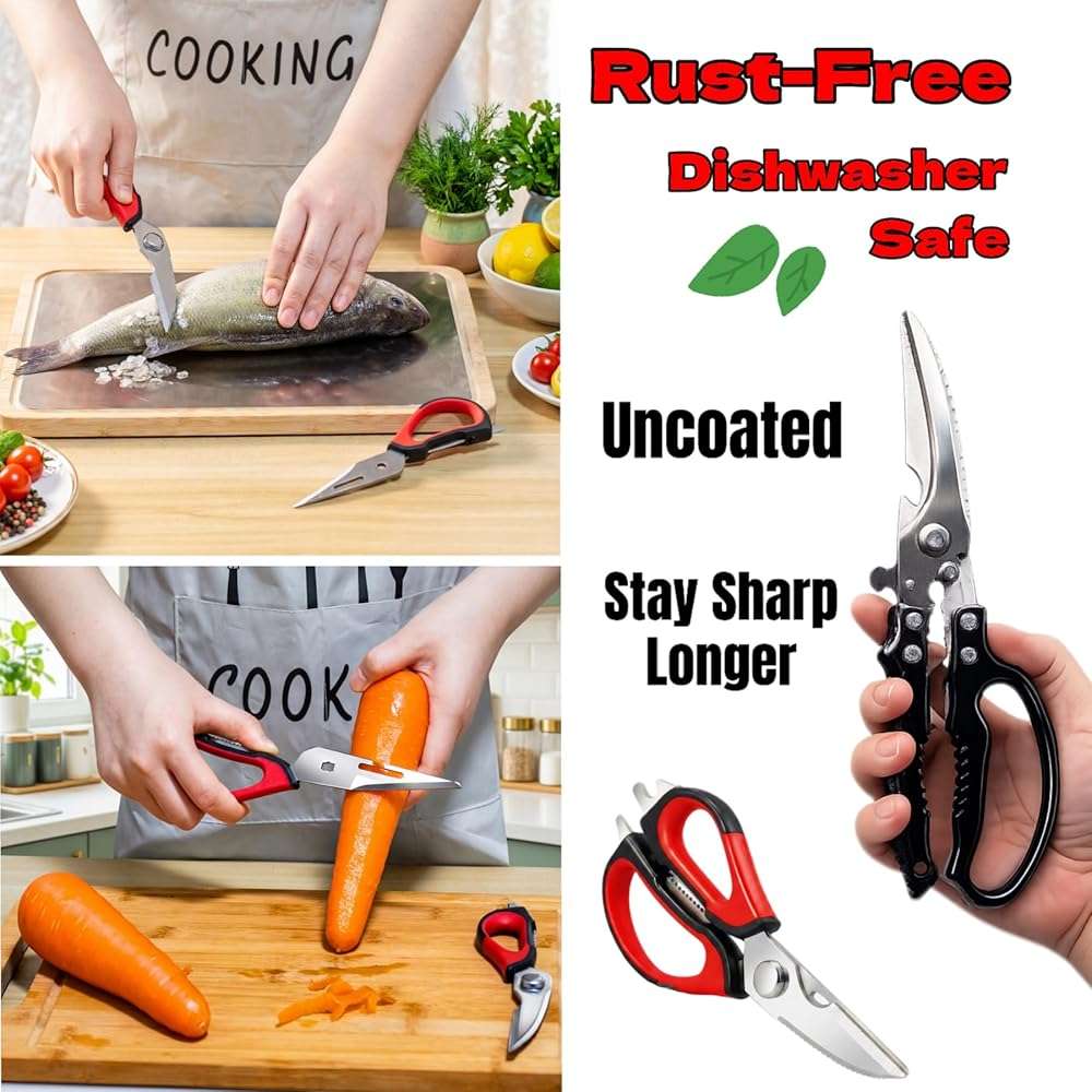 Flioriel 2-Pack Heavy Duty Kitchen Shears - Ultra Sharp All Purpose Food Scissors for Cutting Chicken Bones, Meat & Vegetables, Multi-Function Stainless Steel Cooking Shears (Black & Red) - Image 7