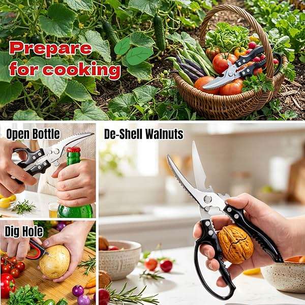 Flioriel 2-Pack Heavy Duty Kitchen Shears - Ultra Sharp All Purpose Food Scissors for Cutting Chicken Bones, Meat & Vegetables, Multi-Function Stainless Steel Cooking Shears (Black & Red) - Image 8