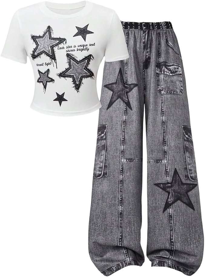 SOLY HUX Girl's Y2k Clothes Star Graphic Crop Top and Baggy Pants Grunge 2 Piece Outfit Streetwear - Image 1