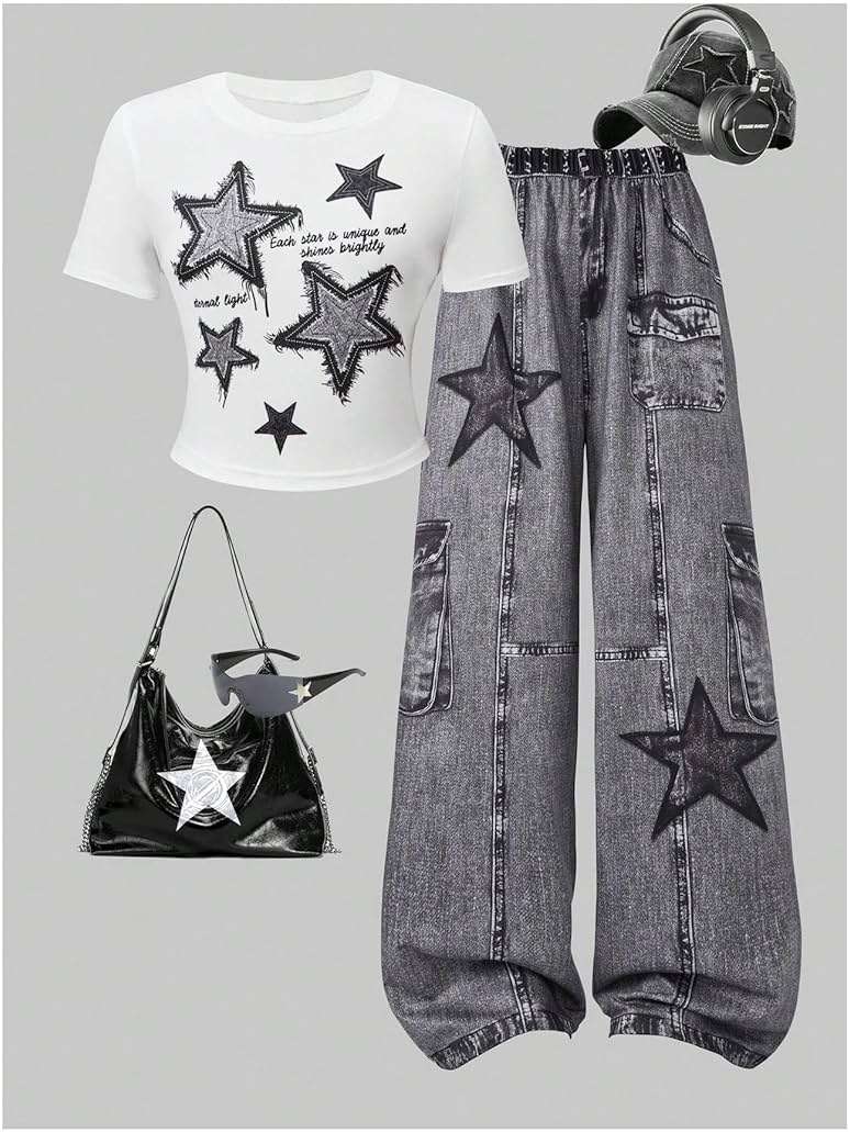 SOLY HUX Girl's Y2k Clothes Star Graphic Crop Top and Baggy Pants Grunge 2 Piece Outfit Streetwear - Image 3