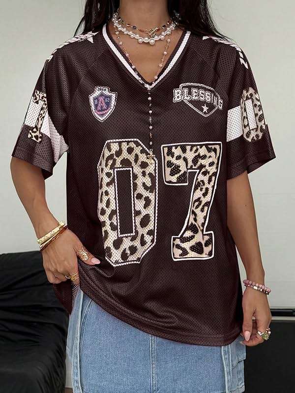 SOLY HUX Women's Y2k Leopard Number Graphic Oversized Tops Football Jersey Shirts Streetwear - Image 3