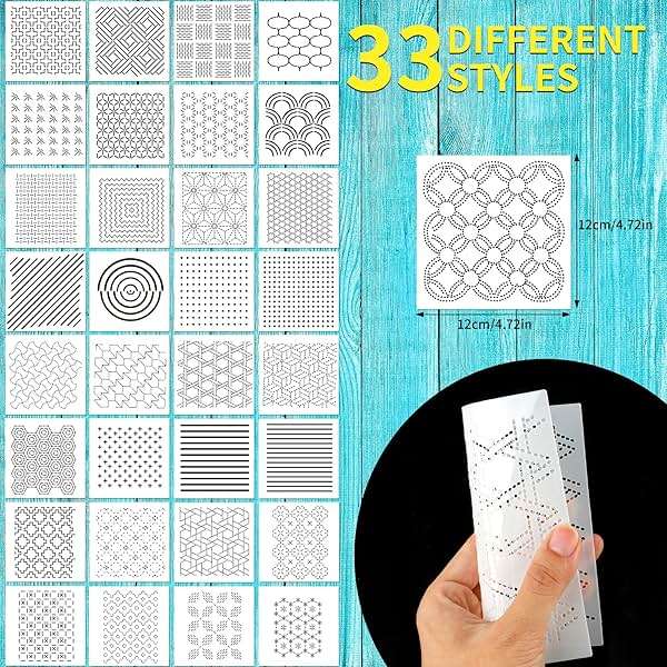 33 Pcs Sashiko Stencils 4.7 X 4.7 Inch Plastic Sashiko Template Pattern Geometric Embroidery Stabilizers Drawing for Drawing Line Quilting Sewing Hand Quilting and Embroidery and Design Creativity DIY - Image 3