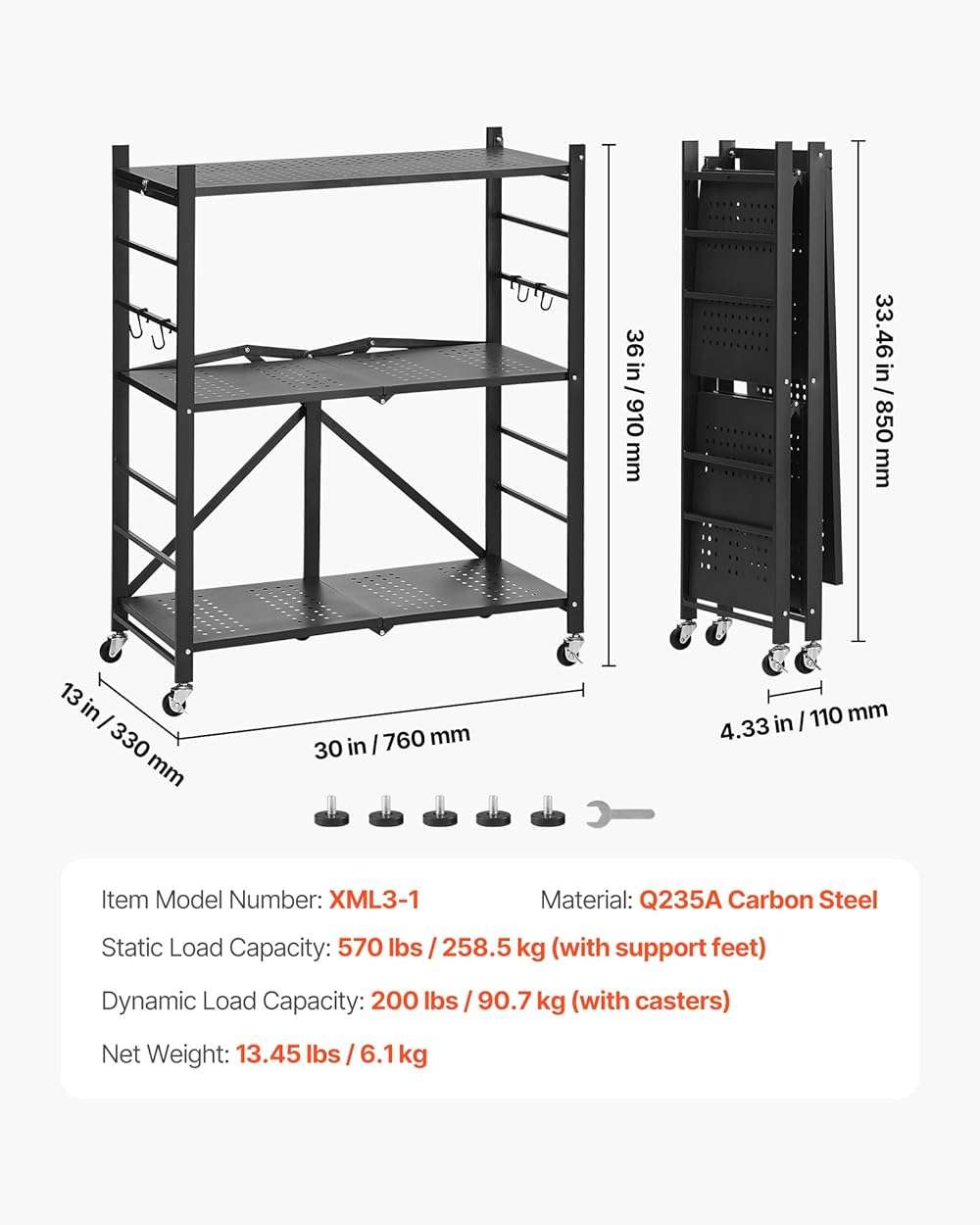 VEVOR 3-Tier Foldable Storage Shelf, 30W x 13D x 36H Inch Folding Metal Rack Shelving Unit, No Assembly Organizer Shelf with 5 Wheels & 4 Hooks for Pantry, Kitchen, Garage, Basement, Black - Image 3
