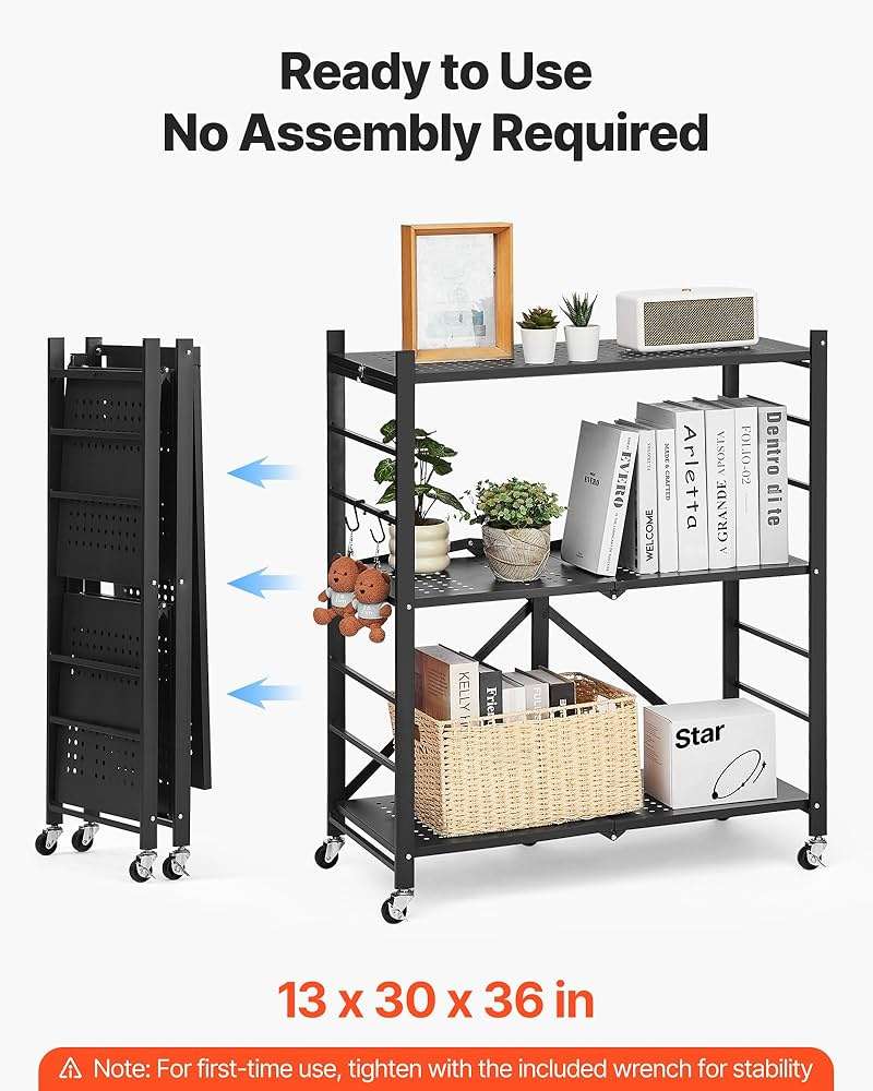 VEVOR 3-Tier Foldable Storage Shelf, 30W x 13D x 36H Inch Folding Metal Rack Shelving Unit, No Assembly Organizer Shelf with 5 Wheels & 4 Hooks for Pantry, Kitchen, Garage, Basement, Black - Image 4