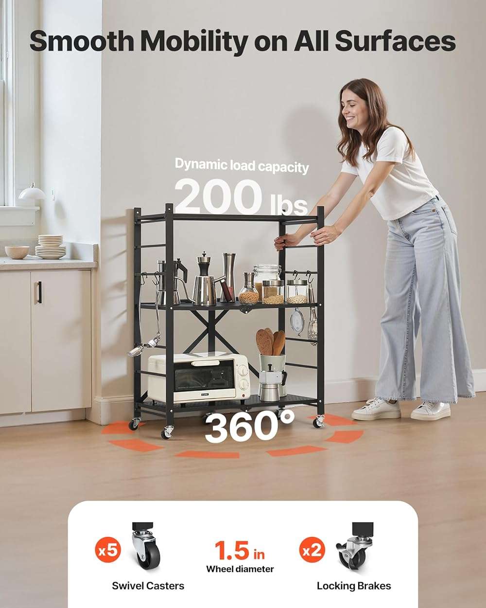 VEVOR 3-Tier Foldable Storage Shelf, 30W x 13D x 36H Inch Folding Metal Rack Shelving Unit, No Assembly Organizer Shelf with 5 Wheels & 4 Hooks for Pantry, Kitchen, Garage, Basement, Black - Image 5
