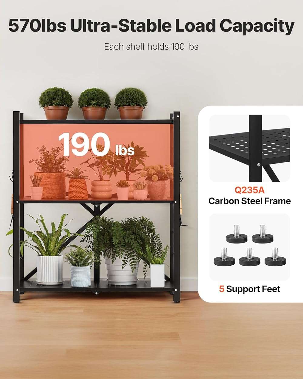 VEVOR 3-Tier Foldable Storage Shelf, 30W x 13D x 36H Inch Folding Metal Rack Shelving Unit, No Assembly Organizer Shelf with 5 Wheels & 4 Hooks for Pantry, Kitchen, Garage, Basement, Black - Image 6