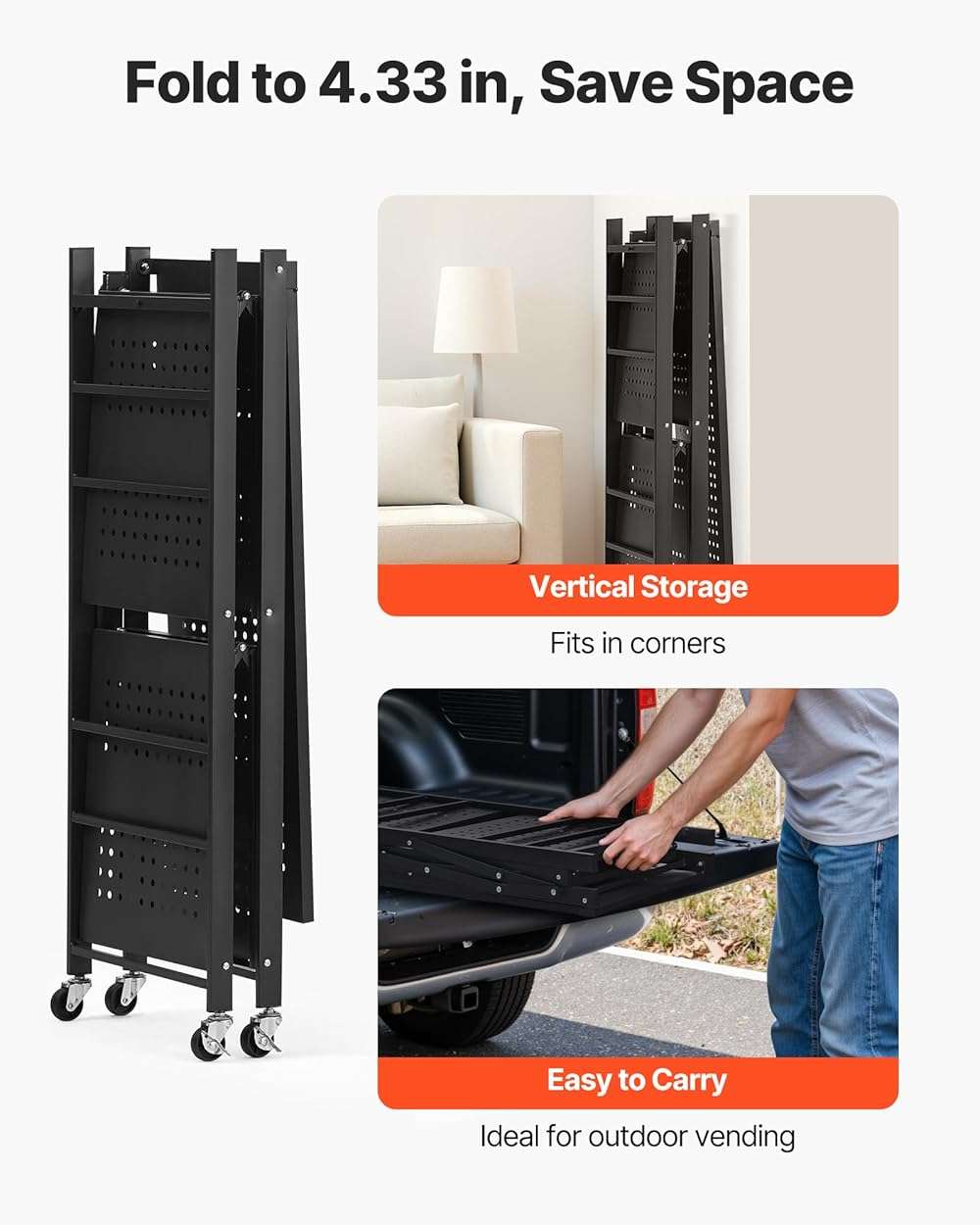 VEVOR 3-Tier Foldable Storage Shelf, 30W x 13D x 36H Inch Folding Metal Rack Shelving Unit, No Assembly Organizer Shelf with 5 Wheels & 4 Hooks for Pantry, Kitchen, Garage, Basement, Black - Image 7