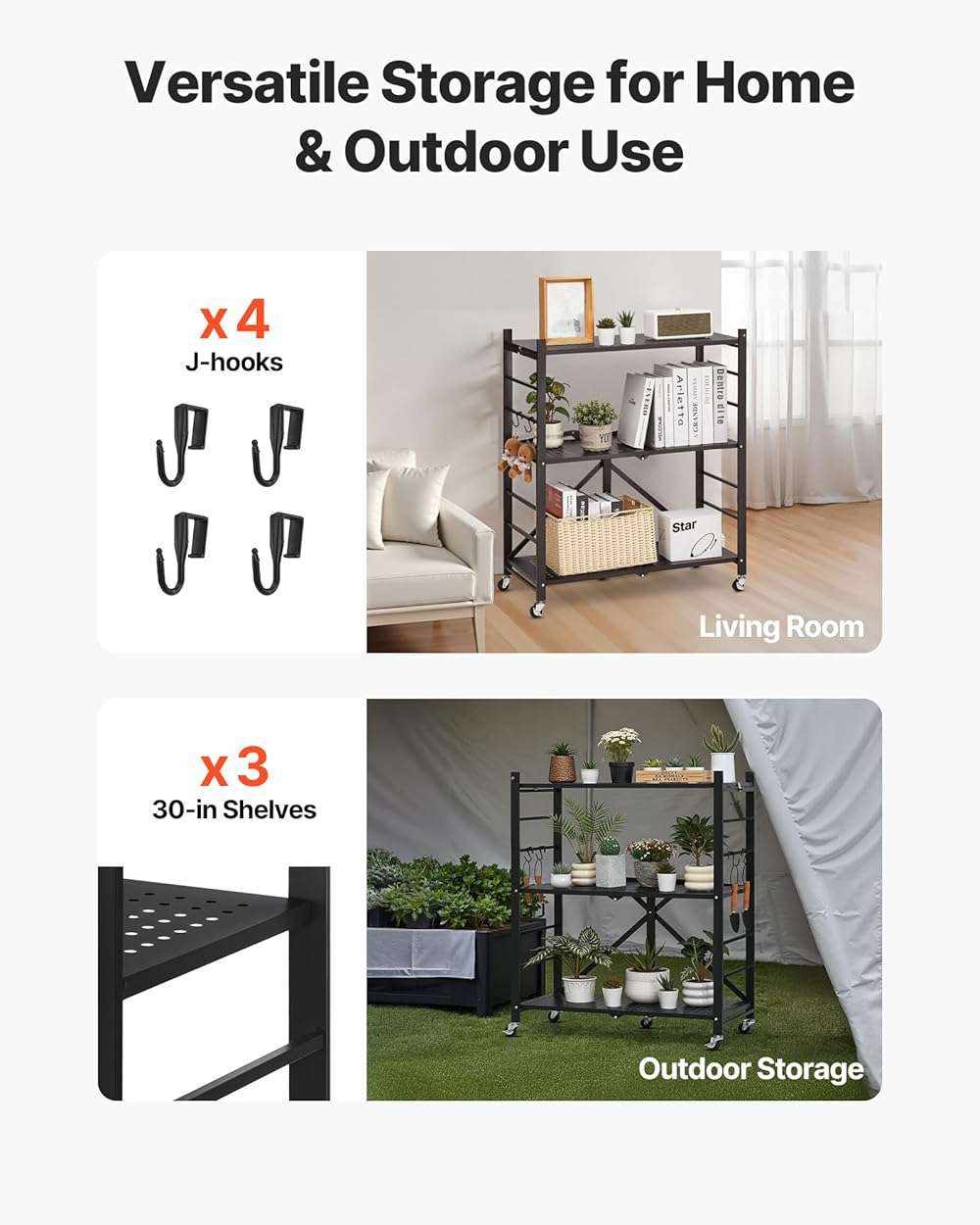 VEVOR 3-Tier Foldable Storage Shelf, 30W x 13D x 36H Inch Folding Metal Rack Shelving Unit, No Assembly Organizer Shelf with 5 Wheels & 4 Hooks for Pantry, Kitchen, Garage, Basement, Black - Image 8