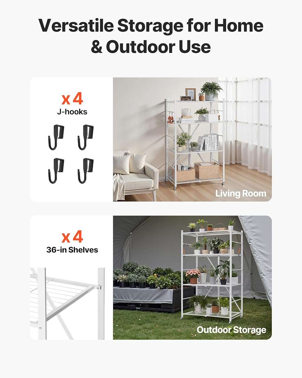 VEVOR 4-Tier Foldable Storage Shelf, 36W x 21D x 60 H Inch Folding Metal Rack Shelving Unit, No Assembly Organizer Shelf with 5 Wheels & 4 Hooks for Pantry, Kitchen, Garage, Basement, White - Image 8