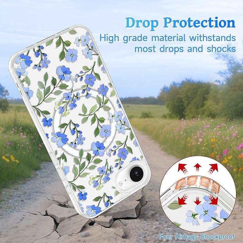 EYZUTAK Magnetic for iPhone 17e/iPhone 16e Case Flower Case Compatible with MagSafe, Pretty Floral Stylish Aesthetic Phone Cover Slim Clear Anti-Yellowing Protective Cover for Girls Women - Blue - Image 3