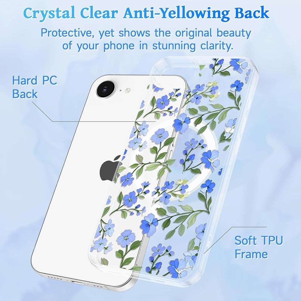 EYZUTAK Magnetic for iPhone 17e/iPhone 16e Case Flower Case Compatible with MagSafe, Pretty Floral Stylish Aesthetic Phone Cover Slim Clear Anti-Yellowing Protective Cover for Girls Women - Blue - Image 5