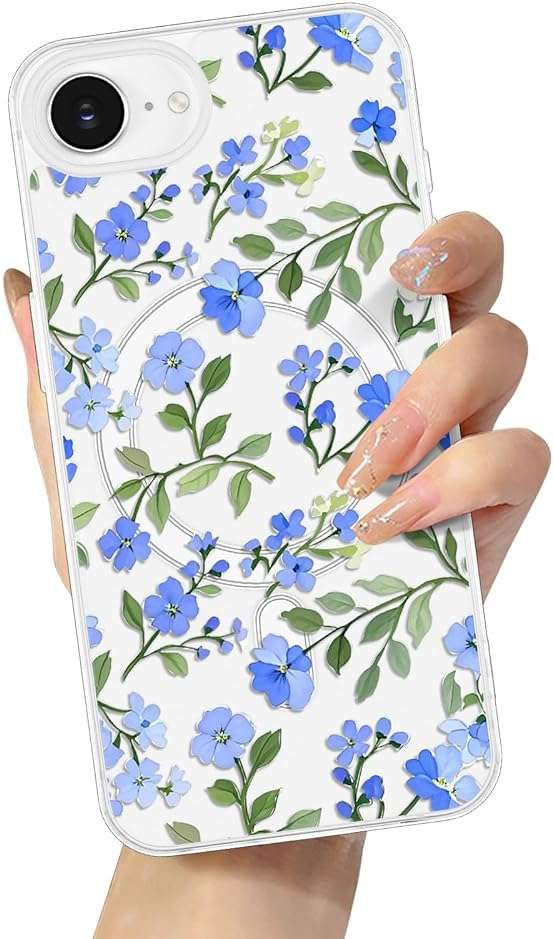 EYZUTAK Magnetic for iPhone 17e/iPhone 16e Case Flower Case Compatible with MagSafe, Pretty Floral Stylish Aesthetic Phone Cover Slim Clear Anti-Yellowing Protective Cover for Girls Women - Blue - Image 9