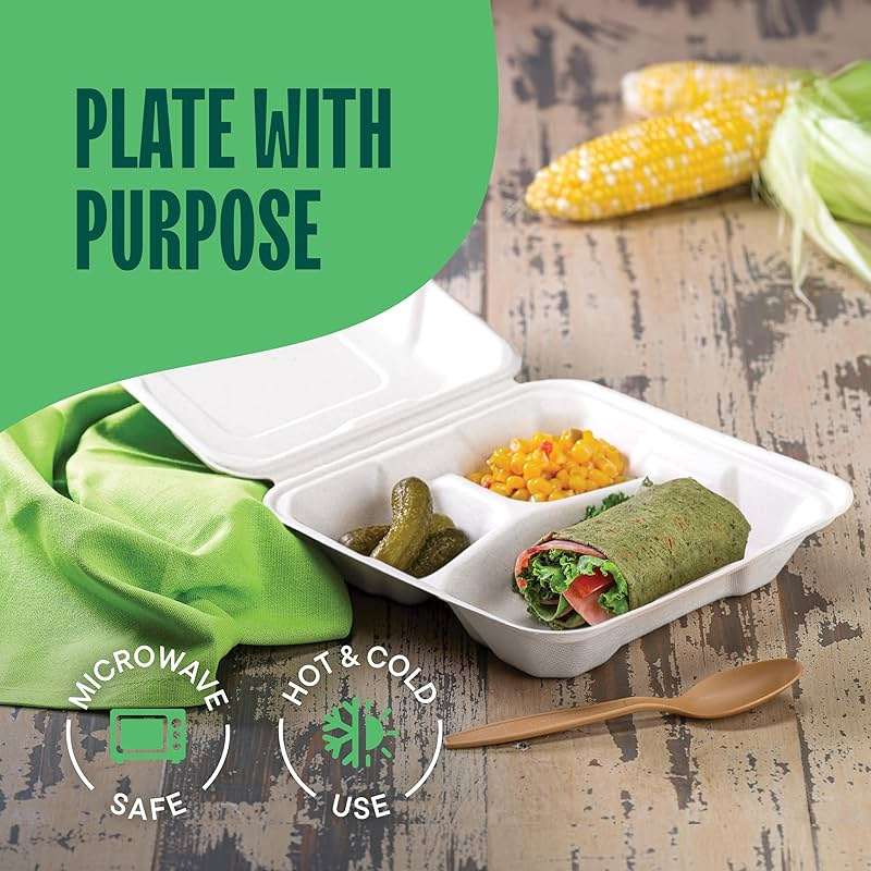 Eco-Friendly Meal Prep Containers 3 Compartment [50-Pack 8x8x3"] Disposable to go Clamshell Food Containers Secure Snap Hinged Lid, Microwave Safe Take Out Lunch Boxes, Made from Renewable Materials - Image 3