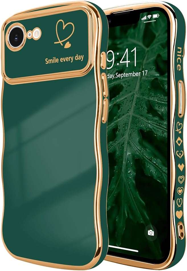LCHULLE for iPhone 16e Case for iPhone 17e Case for Women Girls, Cute Wave Frame Curly Shape with Love Heart Camera Protection Luxury Plating Shockproof Phone Cover for iPhone 16e/17e, Dark Green - Image 1