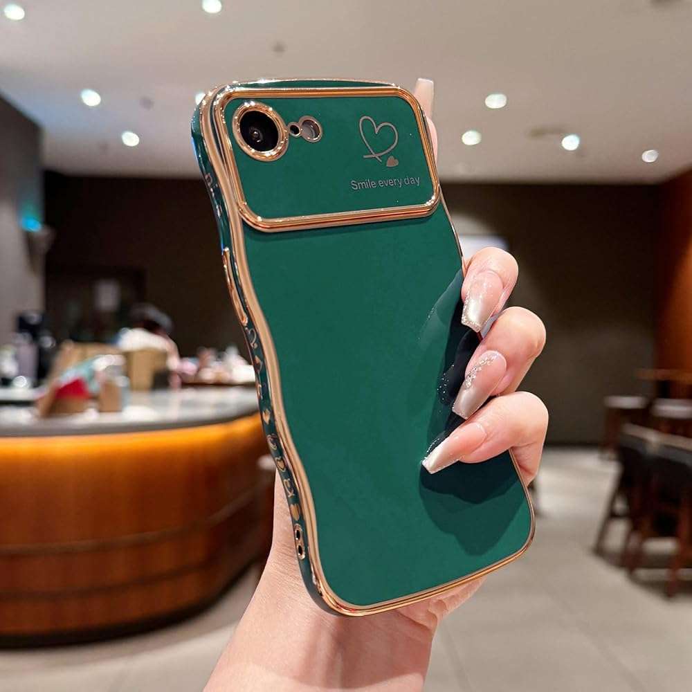 LCHULLE for iPhone 16e Case for iPhone 17e Case for Women Girls, Cute Wave Frame Curly Shape with Love Heart Camera Protection Luxury Plating Shockproof Phone Cover for iPhone 16e/17e, Dark Green - Image 2