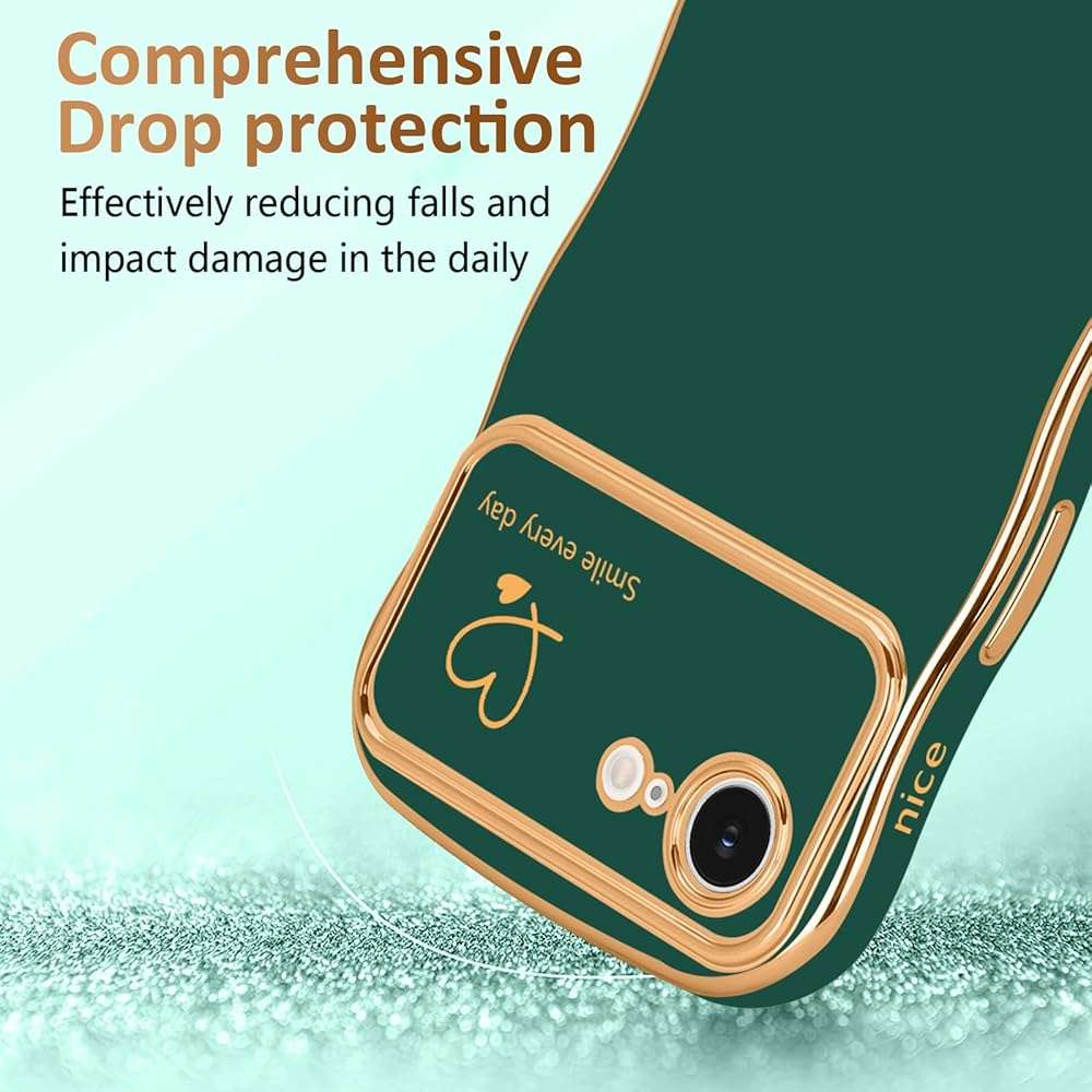 LCHULLE for iPhone 16e Case for iPhone 17e Case for Women Girls, Cute Wave Frame Curly Shape with Love Heart Camera Protection Luxury Plating Shockproof Phone Cover for iPhone 16e/17e, Dark Green - Image 3