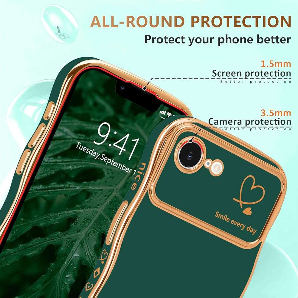 LCHULLE for iPhone 16e Case for iPhone 17e Case for Women Girls, Cute Wave Frame Curly Shape with Love Heart Camera Protection Luxury Plating Shockproof Phone Cover for iPhone 16e/17e, Dark Green - Image 4