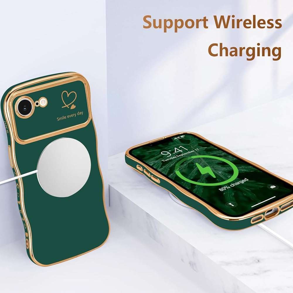 LCHULLE for iPhone 16e Case for iPhone 17e Case for Women Girls, Cute Wave Frame Curly Shape with Love Heart Camera Protection Luxury Plating Shockproof Phone Cover for iPhone 16e/17e, Dark Green - Image 5