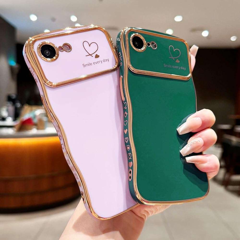 LCHULLE for iPhone 16e Case for iPhone 17e Case for Women Girls, Cute Wave Frame Curly Shape with Love Heart Camera Protection Luxury Plating Shockproof Phone Cover for iPhone 16e/17e, Dark Green - Image 6