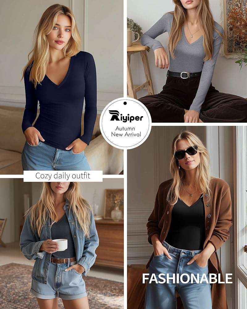 Riyiper 4 Pack Women's Deep V Neck T-Shirts, Long Sleeve Slim Fitted Tee Tops Casual Fall Basic Tee Shirts - Image 2