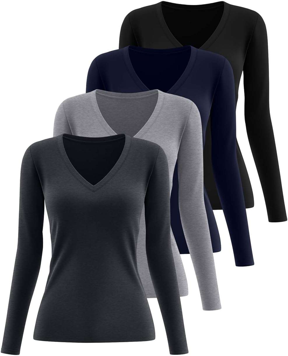 Riyiper 4 Pack Women's Deep V Neck T-Shirts, Long Sleeve Slim Fitted Tee Tops Casual Fall Basic Tee Shirts - Image 3