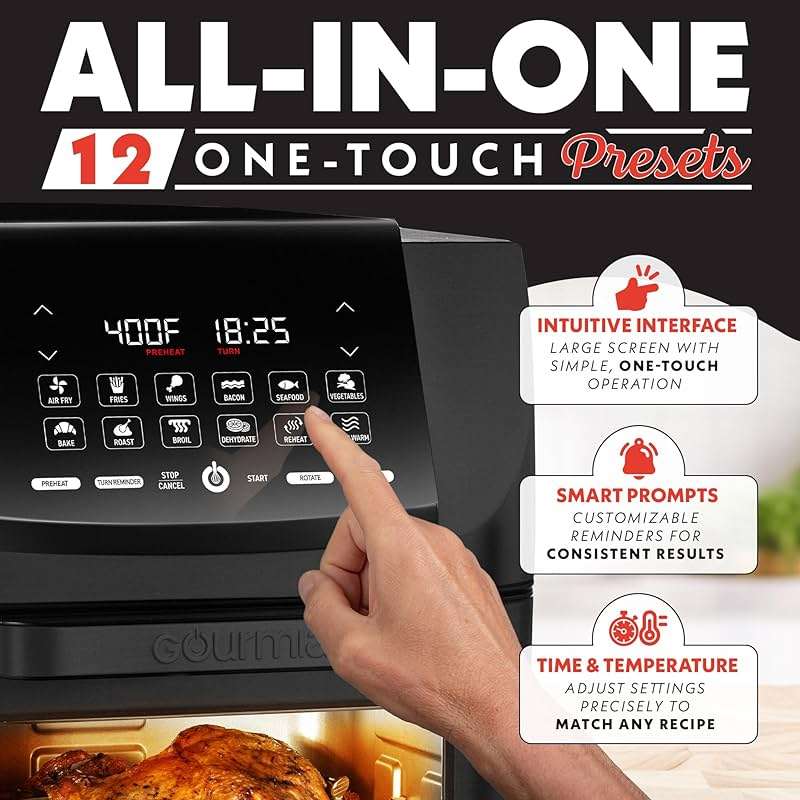 Gourmia Air Fryer - 14 Qt All-in-One Oven with Rotisserie, Digital Display with 12 Presets, Roast, Bake, Broil, Dehydrate, Dishwasher Safe Accessories, Black - Image 3