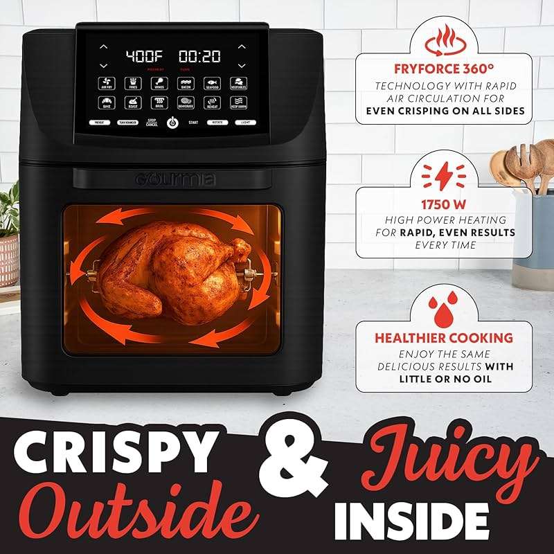 Gourmia Air Fryer - 14 Qt All-in-One Oven with Rotisserie, Digital Display with 12 Presets, Roast, Bake, Broil, Dehydrate, Dishwasher Safe Accessories, Black - Image 4