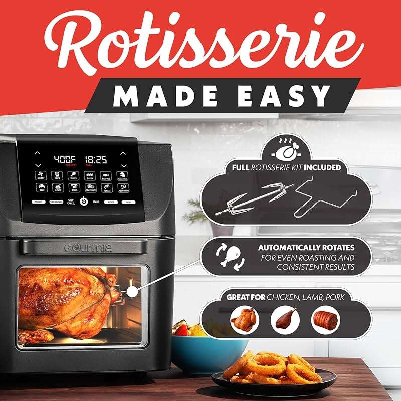 Gourmia Air Fryer - 14 Qt All-in-One Oven with Rotisserie, Digital Display with 12 Presets, Roast, Bake, Broil, Dehydrate, Dishwasher Safe Accessories, Black - Image 5