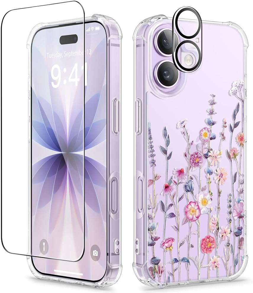 GVIEWIN for iPhone 17 Case, with Screen Protector+Camera Lens Protector, [NonYellowing] Clear Floral Slim Shockproof Protective Hard PC Back Women Phone Case for iPhone 17 6.3", Floratopia/Colorful - Image 1