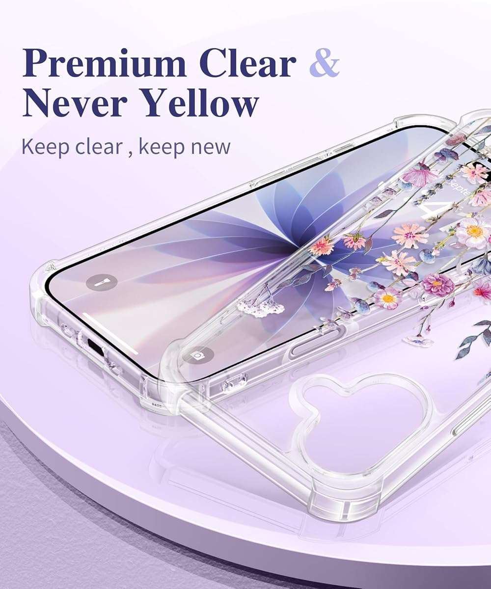 GVIEWIN for iPhone 17 Case, with Screen Protector+Camera Lens Protector, [NonYellowing] Clear Floral Slim Shockproof Protective Hard PC Back Women Phone Case for iPhone 17 6.3", Floratopia/Colorful - Image 3