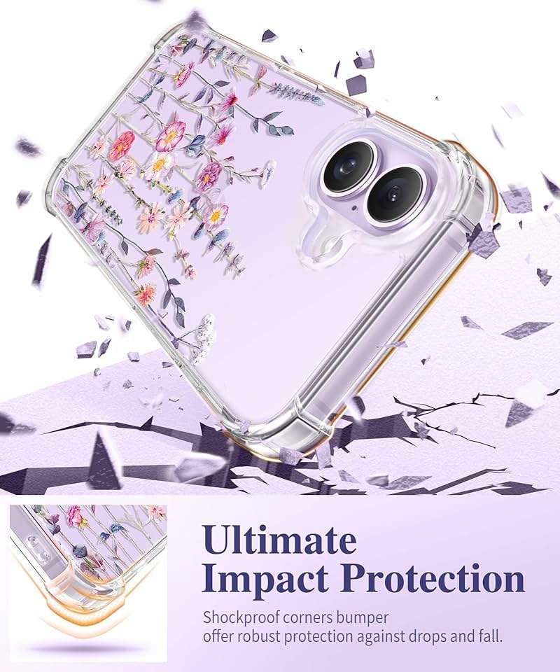 GVIEWIN for iPhone 17 Case, with Screen Protector+Camera Lens Protector, [NonYellowing] Clear Floral Slim Shockproof Protective Hard PC Back Women Phone Case for iPhone 17 6.3", Floratopia/Colorful - Image 4