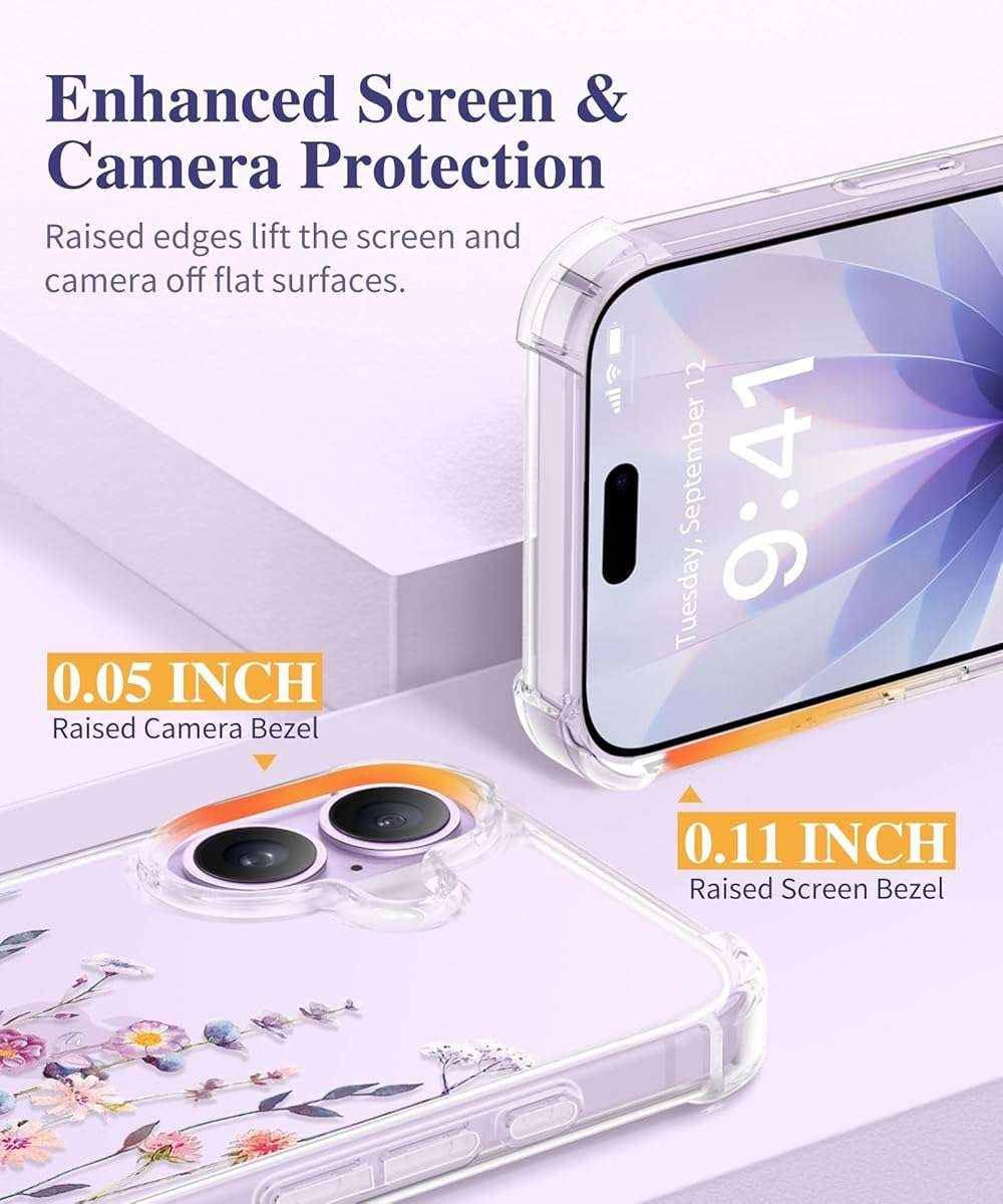 GVIEWIN for iPhone 17 Case, with Screen Protector+Camera Lens Protector, [NonYellowing] Clear Floral Slim Shockproof Protective Hard PC Back Women Phone Case for iPhone 17 6.3", Floratopia/Colorful - Image 6
