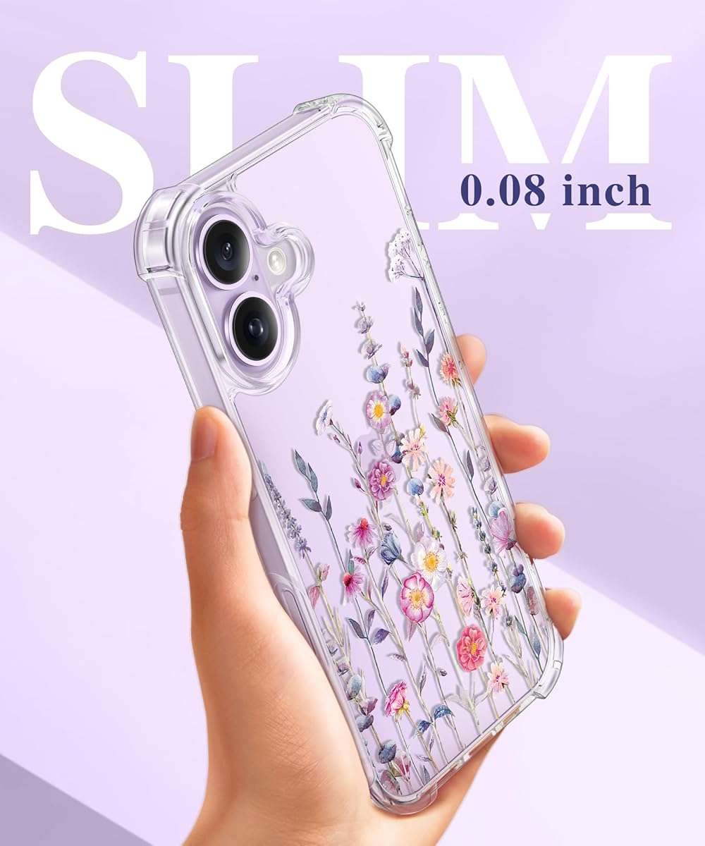 GVIEWIN for iPhone 17 Case, with Screen Protector+Camera Lens Protector, [NonYellowing] Clear Floral Slim Shockproof Protective Hard PC Back Women Phone Case for iPhone 17 6.3", Floratopia/Colorful - Image 7