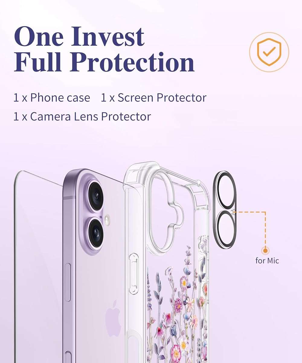GVIEWIN for iPhone 17 Case, with Screen Protector+Camera Lens Protector, [NonYellowing] Clear Floral Slim Shockproof Protective Hard PC Back Women Phone Case for iPhone 17 6.3", Floratopia/Colorful - Image 8