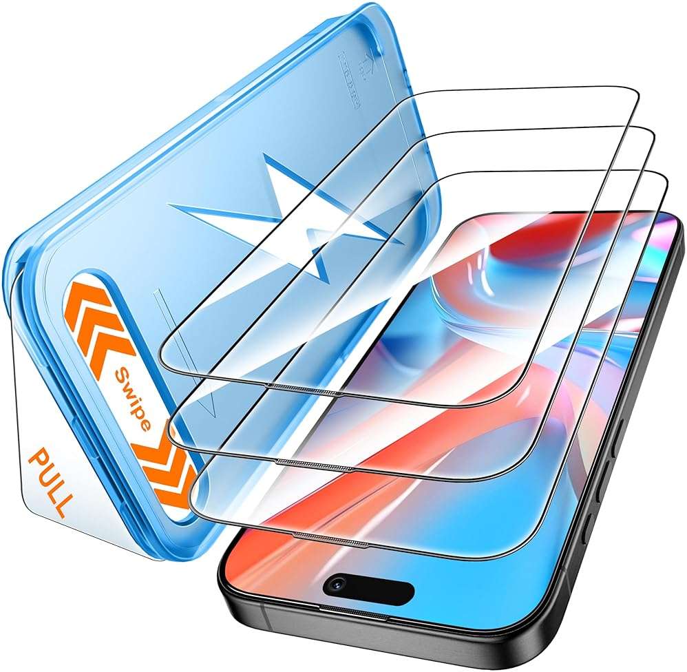 Mkeke for iPhone 15 Pro Max Screen Protector 3 Pack, [9H+ Hardness] [Military-Grade Drop Protection] [Sensitive Touch] [Easy Installation] [HD Clear] Full Edge Coverage Tempered Glass - Image 1