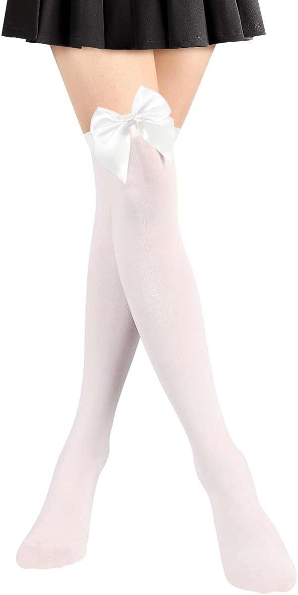 NONSOMPLE Women’s Satin Red Bow Thigh High Stockings White Silk Over Knee Long Socks for Costume - Image 1