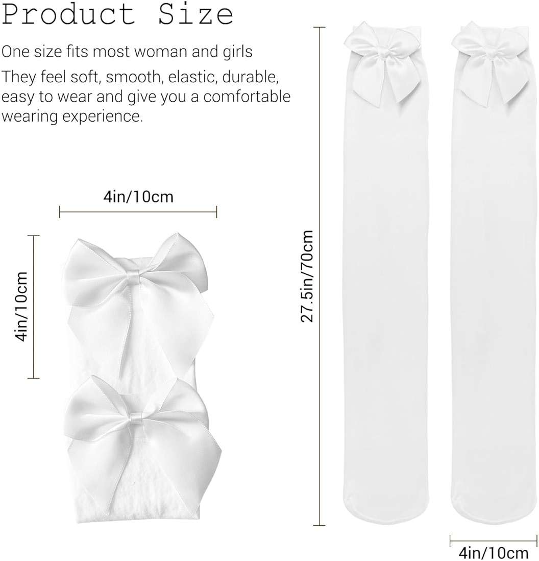 NONSOMPLE Women’s Satin Red Bow Thigh High Stockings White Silk Over Knee Long Socks for Costume - Image 2
