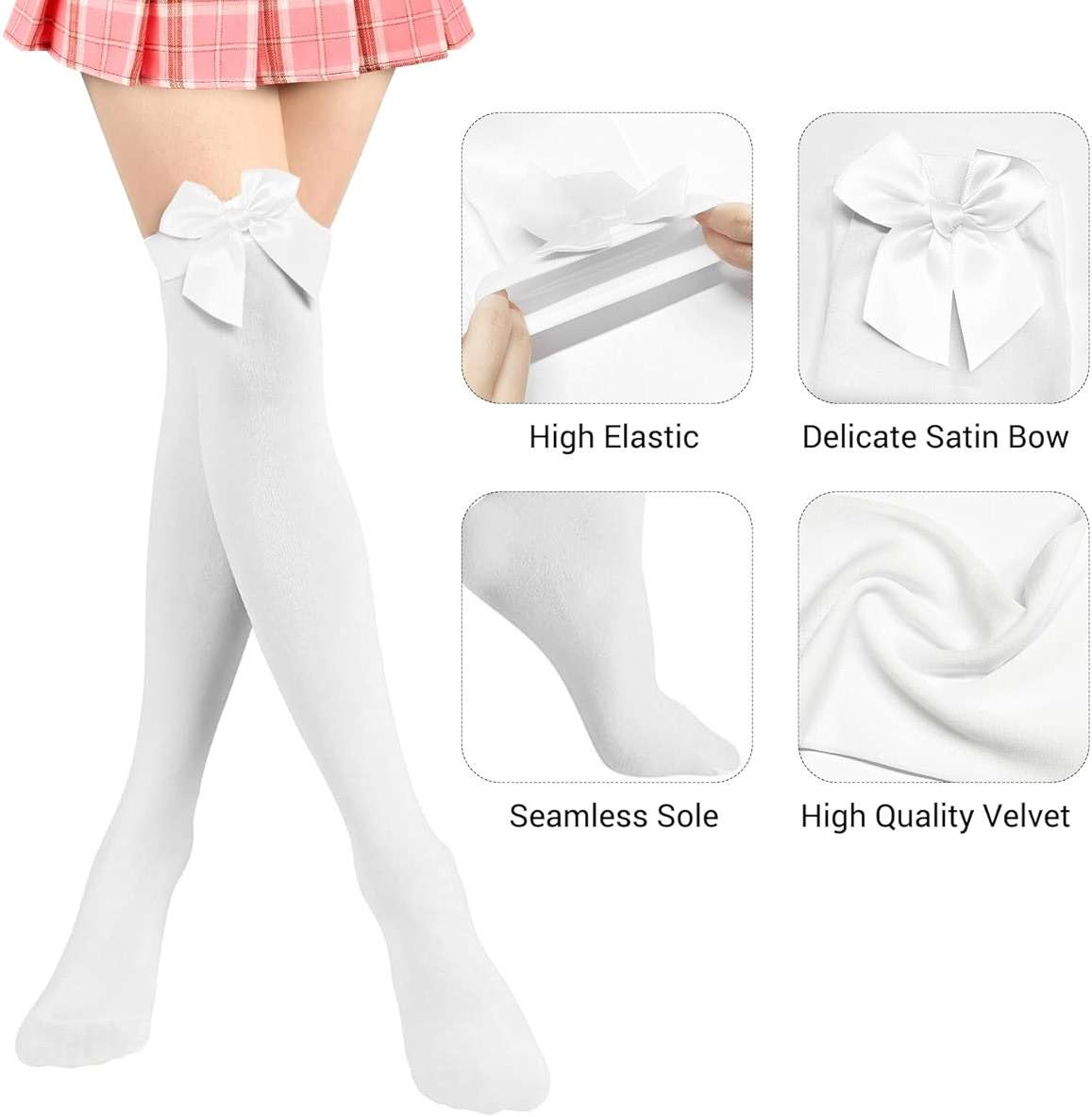 NONSOMPLE Women’s Satin Red Bow Thigh High Stockings White Silk Over Knee Long Socks for Costume - Image 3