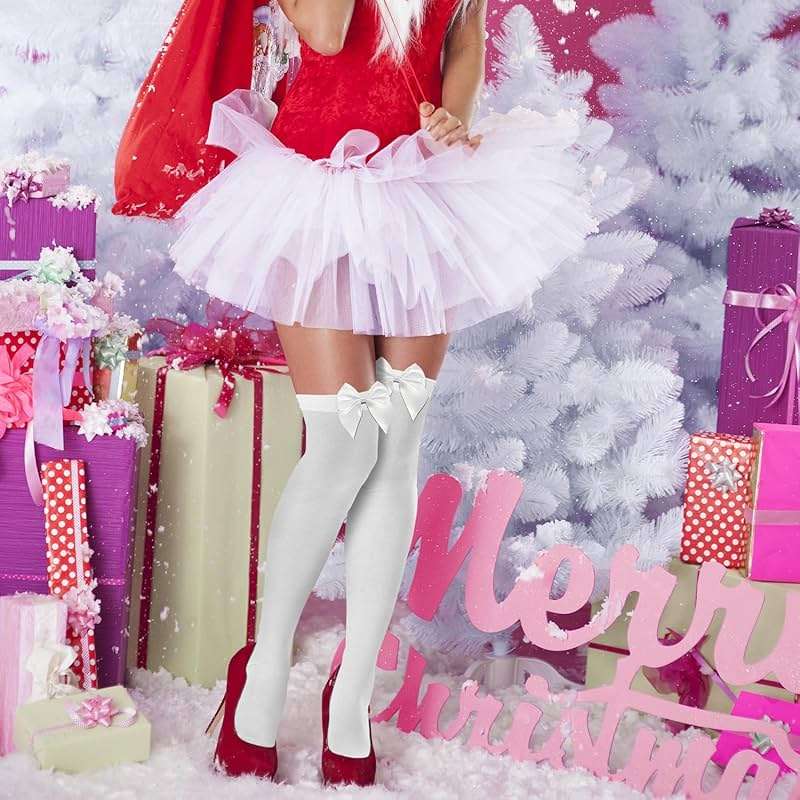 NONSOMPLE Women’s Satin Red Bow Thigh High Stockings White Silk Over Knee Long Socks for Costume - Image 4