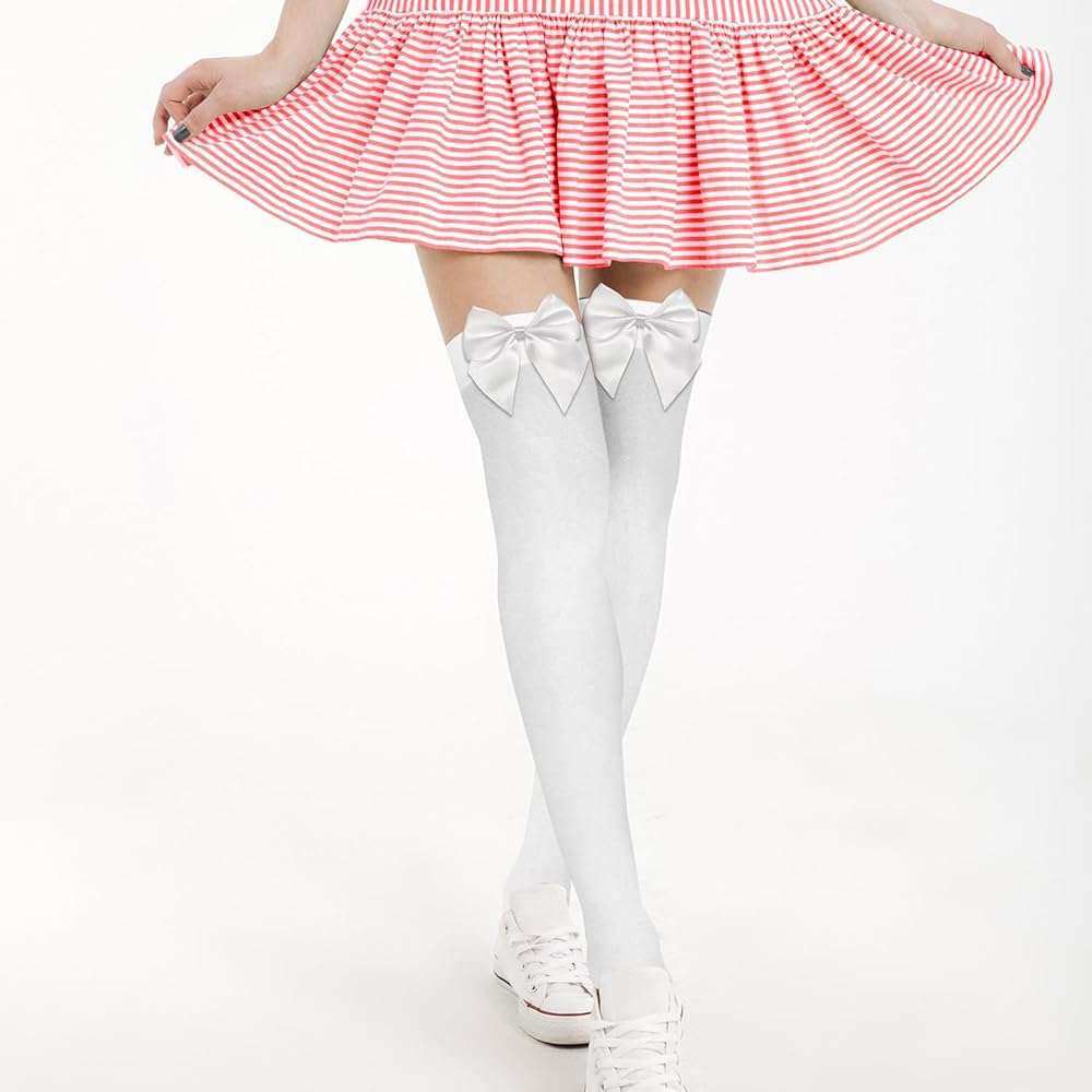 NONSOMPLE Women’s Satin Red Bow Thigh High Stockings White Silk Over Knee Long Socks for Costume - Image 6