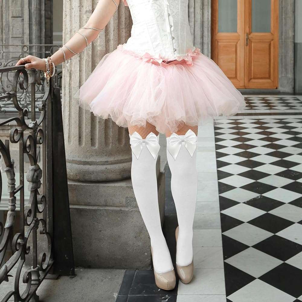 NONSOMPLE Women’s Satin Red Bow Thigh High Stockings White Silk Over Knee Long Socks for Costume - Image 7