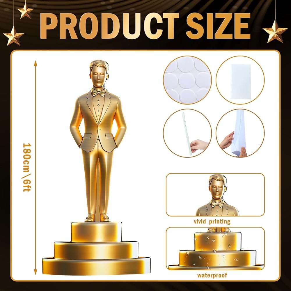 Jetec 6 Feet Movie Night Trophy Cardboard Cutout Standup Life Size Movie Premiere Award Theme Party Decorations Backdrop Photo Booth Red Carpet Gold Male Award Statue Stand-up for Party Decor Supplies - Image 2