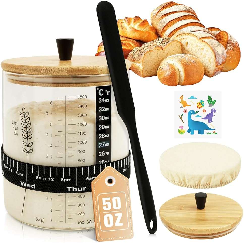 Rakovar 50oz Sourdough Starter Jar, Wide Mouth Sourdough Jar, Large Capacity Sourdough Bread Starter Kit with Lid, Band, Date Tracker, Temp, Sourdough Starter Kit for Sour Dough (1 Pack) - Image 1