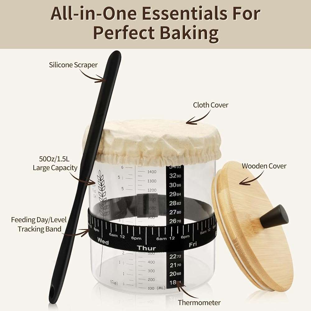 Rakovar 50oz Sourdough Starter Jar, Wide Mouth Sourdough Jar, Large Capacity Sourdough Bread Starter Kit with Lid, Band, Date Tracker, Temp, Sourdough Starter Kit for Sour Dough (1 Pack) - Image 5